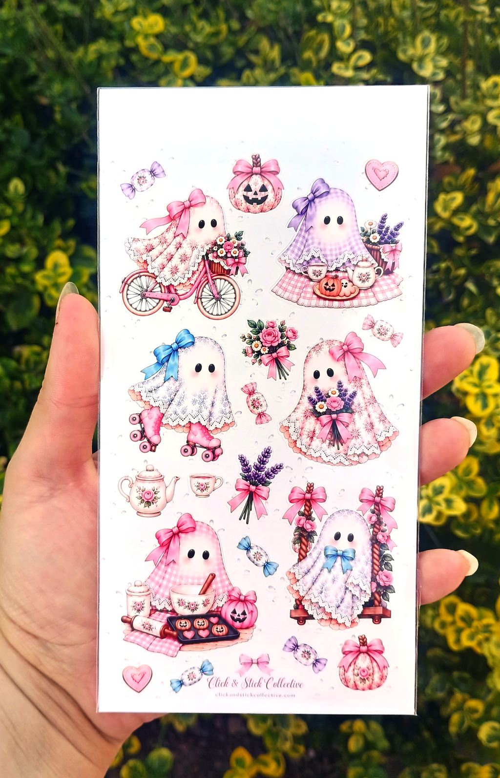 Coquette Ghost Sticker Sheet | Cute Halloween Stickers | Pink Bows, Lace & Floral Ghosts