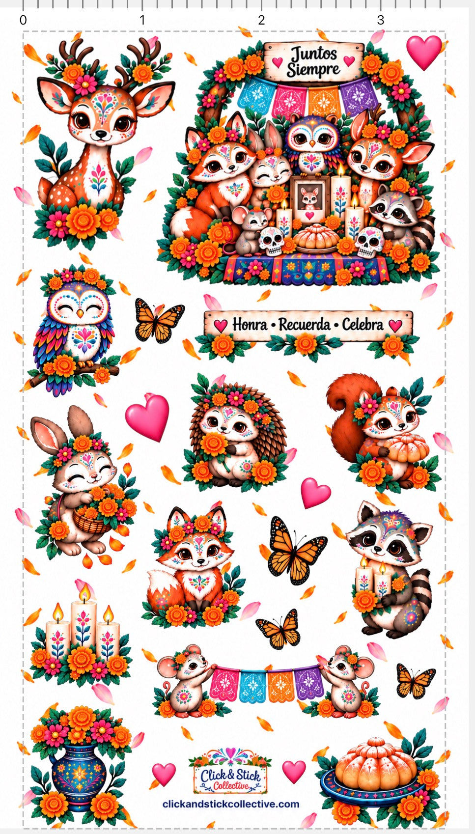 Woodland Animals Día de los Muertos Sticker Sheet | Day of the Dead Stickers | Marigolds, Monarch Butterfly & Cute Forest Animals