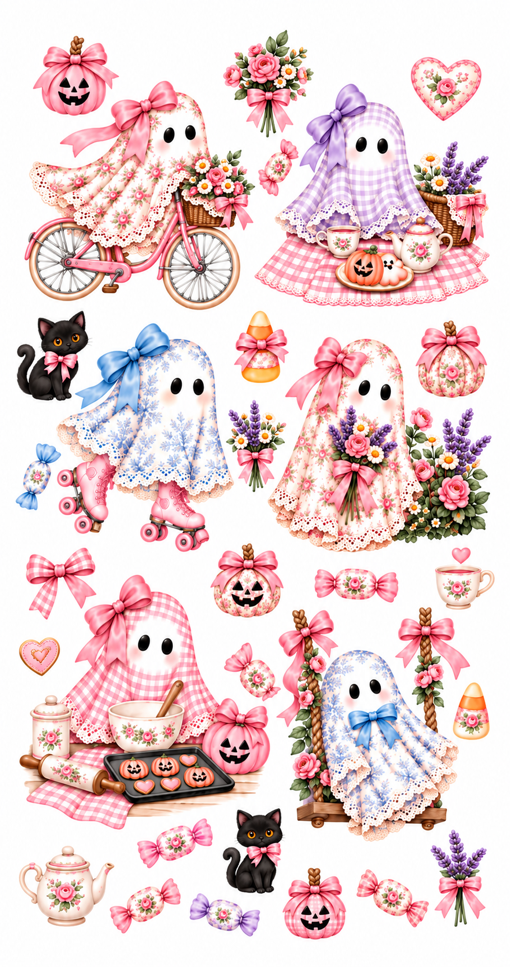 Coquette Ghost Sticker Sheet | Cute Halloween Stickers | Pink Bows, Lace & Floral Ghosts