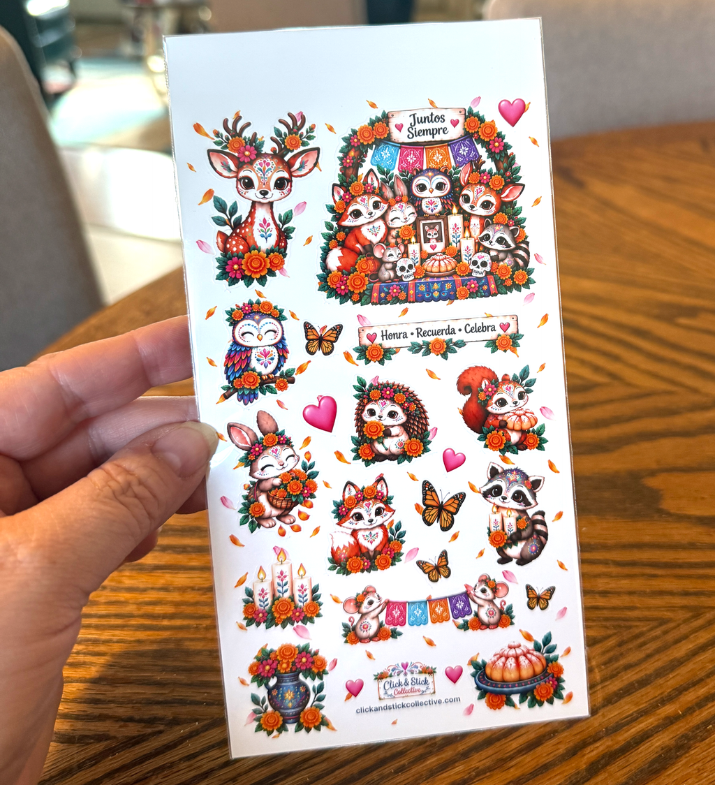 Woodland Animals Día de los Muertos Sticker Sheet | Day of the Dead Stickers | Marigolds, Monarch Butterfly & Cute Forest Animals