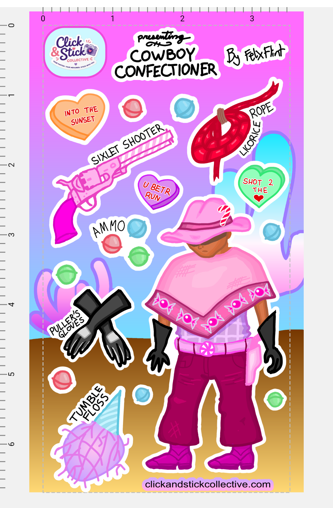 A screenshot of a sticker sheet design titled "Presenting Cowboy Confectioner." Includes a pink cowboy character and the items he carries, such as a sixlet shooter and licorice rope.