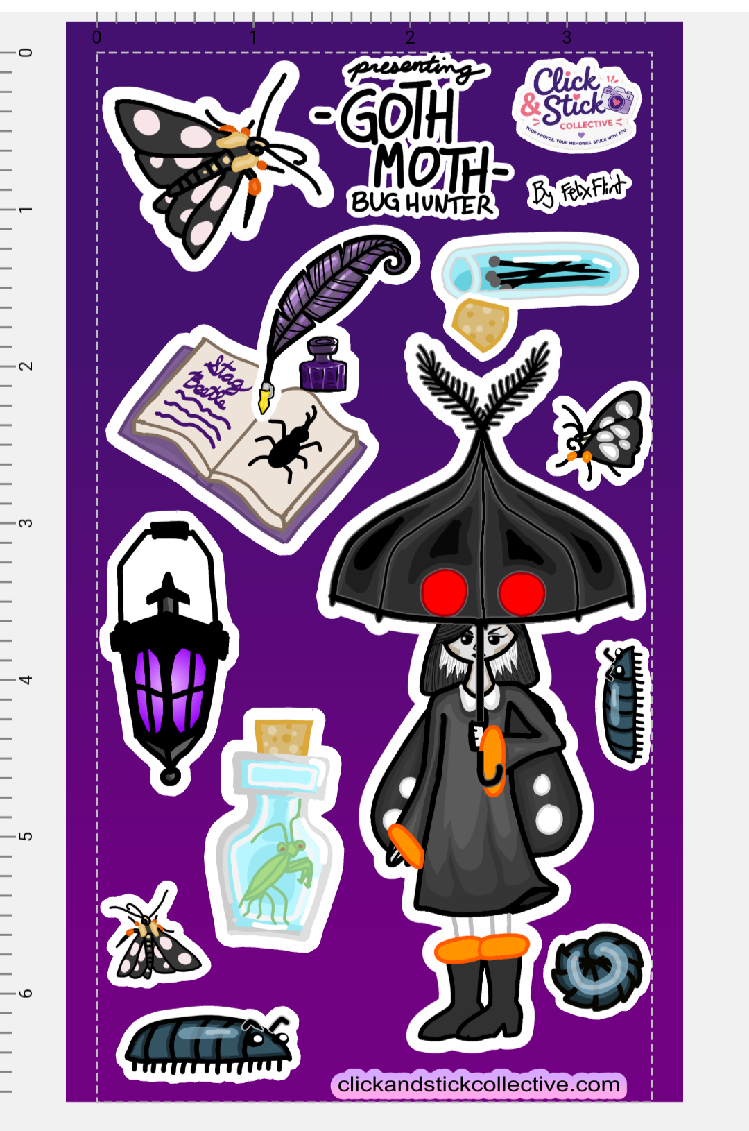 A screenshot of a sticker sheet titled "Goth Moth: Bug Hunter." It features a goth girl with a moth-like outfit on, including a parasol with eyes and antennae, and her personal bug hunting items.